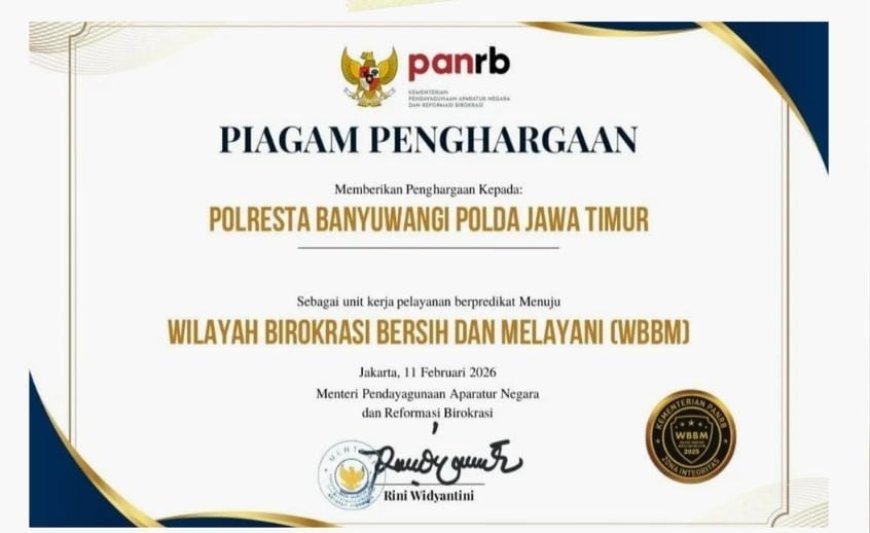 Polresta Banyuwangi Sabet Penghargaan Zona Integritas Menuju WBBM 2025